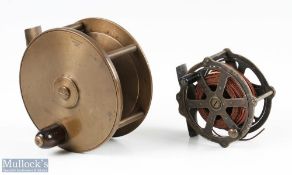 Lucas & Walsh 4” brass reel, stamped makers marks to face plate, fat horn handle, slight catching,