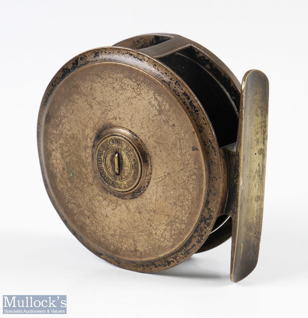 Moscrop Patent 3” J E Miller Northern Anglers Depot Leeds brass reel, horn handle with brass foot, - Image 2 of 2