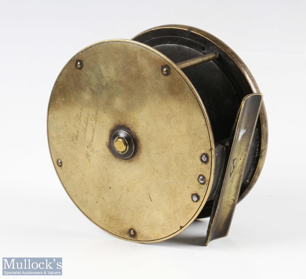 Chas Farlow & Co Ltd, Strand London, 4 ½” brass reel, original fat handle, script makers marks to - Image 2 of 2