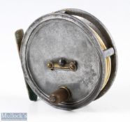 J J S Walker Bampton & Co, Alnwick 4” alloy fly reel, original handle, brass strap latch, brass