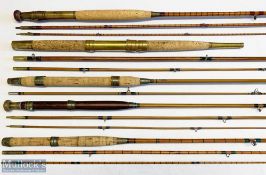 5x Various Split cane fishing rods – features Gammages The Challenge 10ft 3pc split cane, Albert
