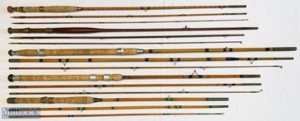 5x Various antique fishing rods – featuring Alex Martin 9ft 9in 3pc split cane, an indistinct