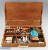 Wooden Fly-Tying Fishing Box, with contents, of fur, Feathers, hooks, tools, treed on vintage wooden