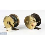 Two brass unnamed reels, 2 ¼” multiplier reel, original handle with shaped handle, brass foot,