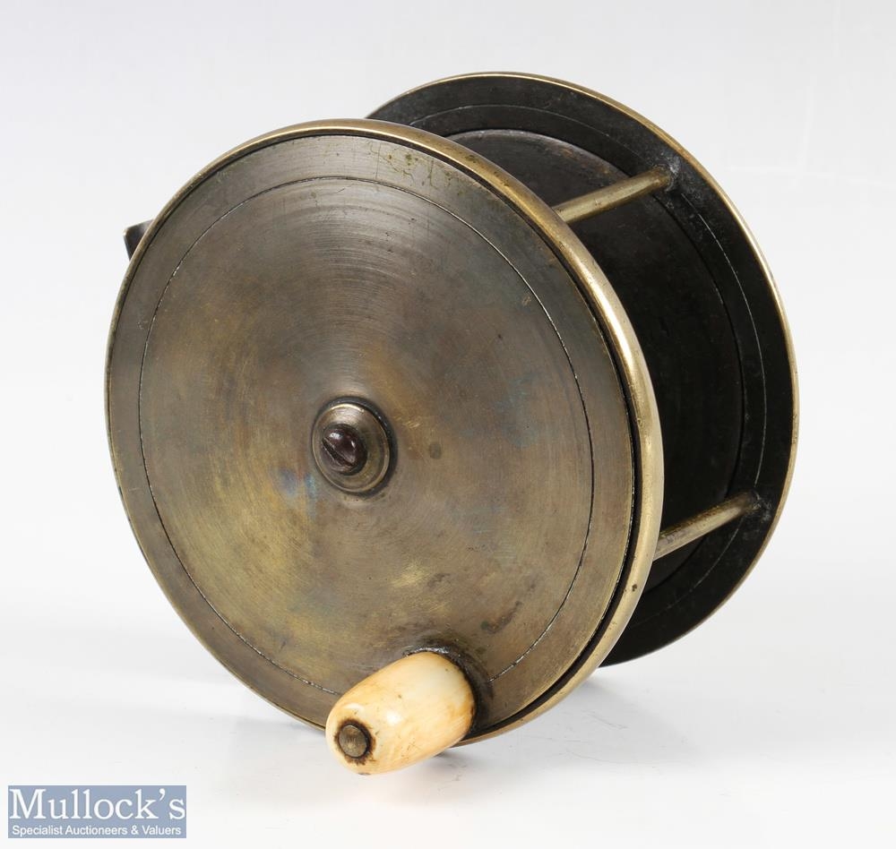 Chas Farlow & Co Ltd, Strand London, 4 ½” brass reel, original fat handle, script makers marks to