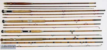 5x Various antique fishing rods – features Wood & Co of Sheffield 10ft 6in 3pc green heart, George