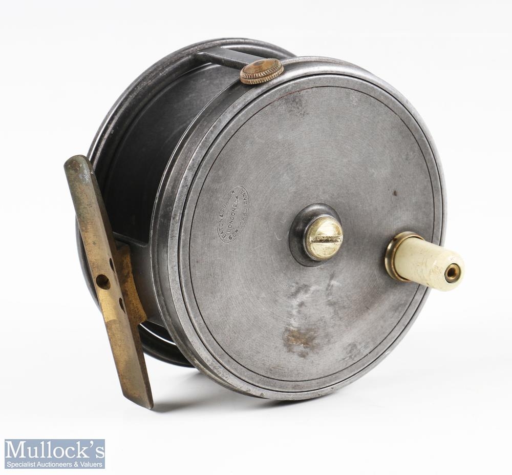 Eaton & Deller, London 4” wide drum alloy reel, perfect style perforated face, ivorine handle, brass - Image 2 of 2