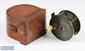Farlows 4” brass fly reel in D block case formerly owned by Hon Major F Keane, reel with original