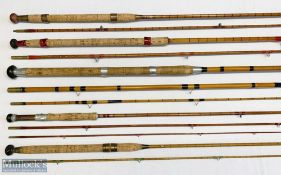 5x Various split cane fishing rods – features Allan of Glasgow 9ft 2pc, Royale Seal Brand 7ft 6in