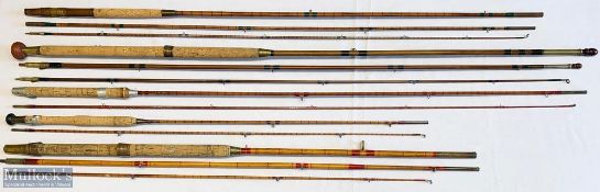 5x Various antique fishing rods – to include W Haynes & Son Cork 12ft 3pc split cane, Holbrow & Co