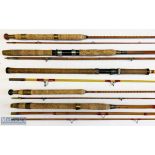 5x Various fishing rods – features Wallace and Kerr 7ft 2pc split cane, marked The Ruby 1957 9ft 2pc