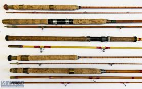 5x Various fishing rods – features Wallace and Kerr 7ft 2pc split cane, marked The Ruby 1957 9ft 2pc