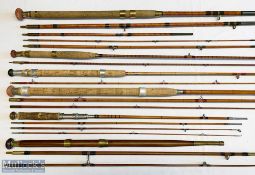6x Various split cane fishing rods – includes Rudge & Son 5pc combination rod of 9ft to 11ft, J