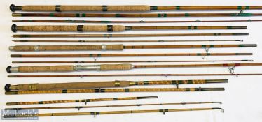 5x Various Antique fishing rods – split cane and cane etc features Rudge and Son 15ft 3pc, Modern