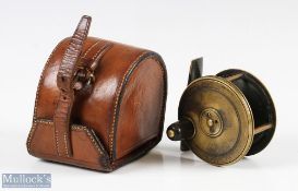 Chas Farlow, 191 Strand London, 2 ½” brass fly reel in leather case, fat horn handle, worn script