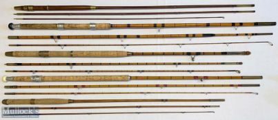 5x Various antique fishing rods – including Milwards 11ft 3pc green heart (tip short), Milwards 12ft