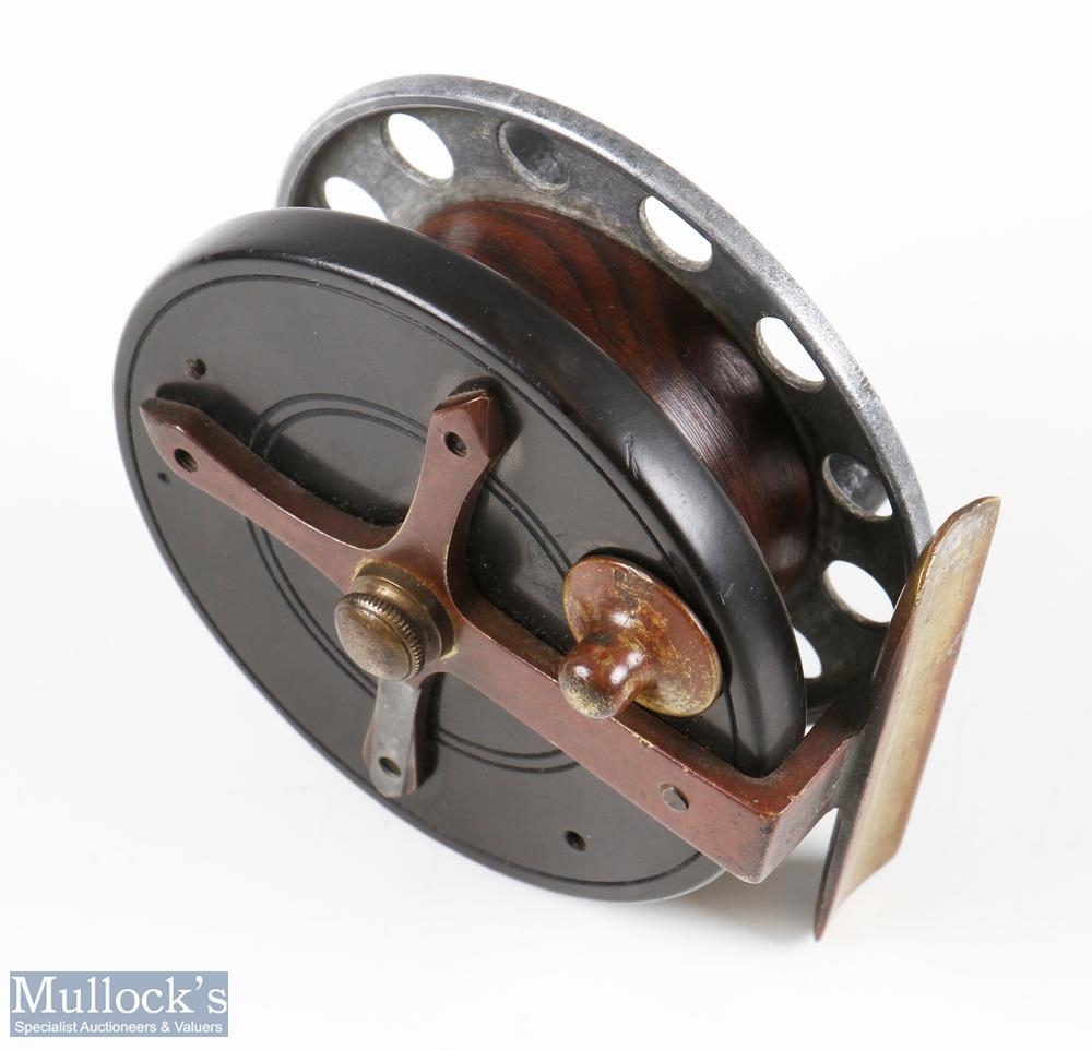 Crossle Patent 3” ebonite and brass star back reel alloy spool with wood lined core, twin black - Image 3 of 3
