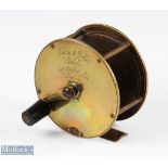 Eaton & Deller, London 4” brass reel with makers marks in script to face, fat horn handle, runs