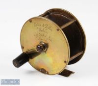 Eaton & Deller, London 4” brass reel with makers marks in script to face, fat horn handle, runs
