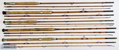 5x Various split cane fishing rods – featuring Milbro 10ft 6in 3pc split cane, Milbro Paragon 10ft