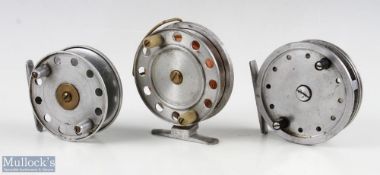 3x unnamed alloy trout fly reels – 3 ¼” with twin cream handles, brass line guide, alloy foot,