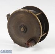 Early 20th Century 4” unnamed brass fly reel, horn handle, with brass foot, constant check, runs
