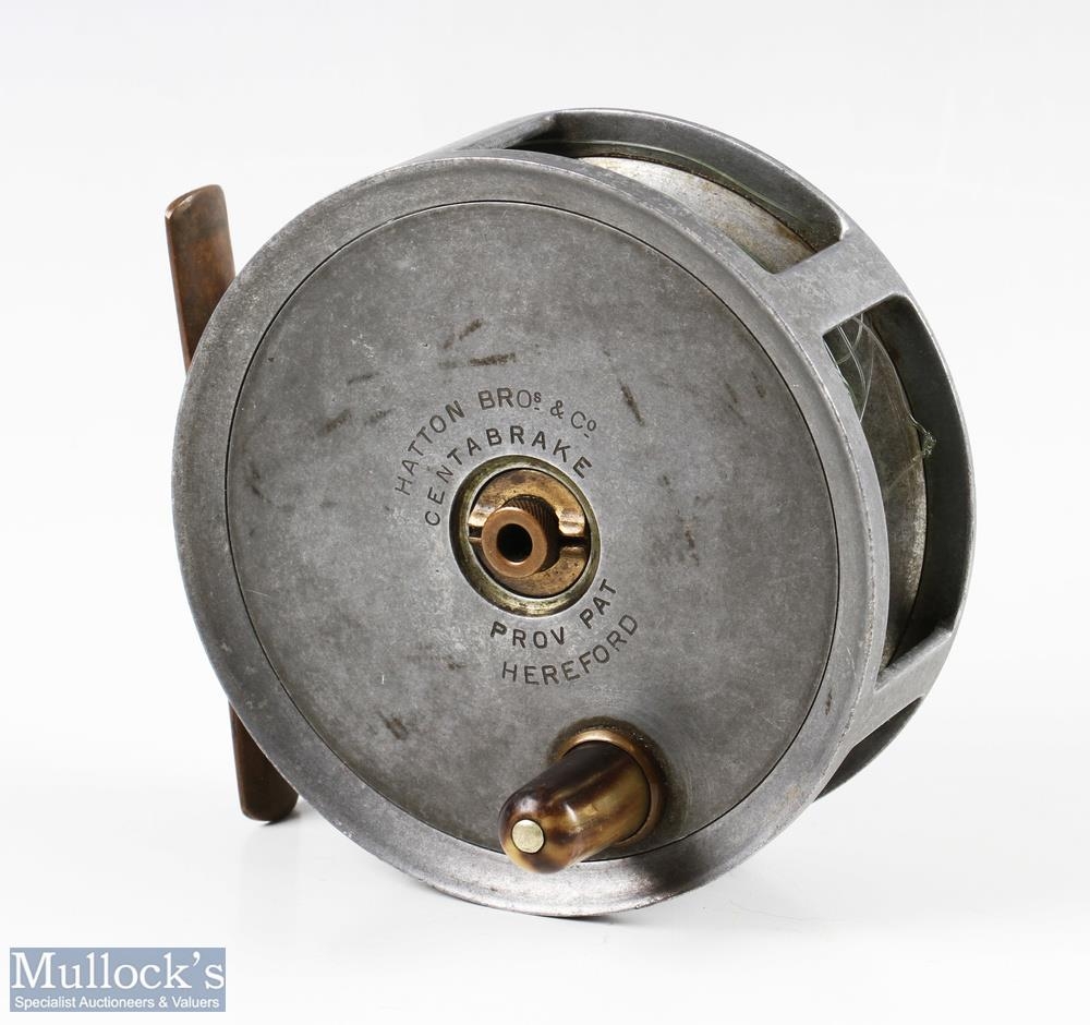 Hatton Bros & Co 4 ½” Centabrake alloy fly reel, makers markings to front, horn handle, brass