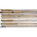 5x Various Antique fishing rods – split/whole cane examples features Milwards 9ft 2 pc, Sealey