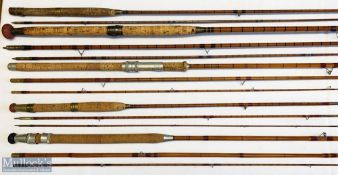 5x Various Antique fishing rods – split/whole cane examples features Milwards 9ft 2 pc, Sealey