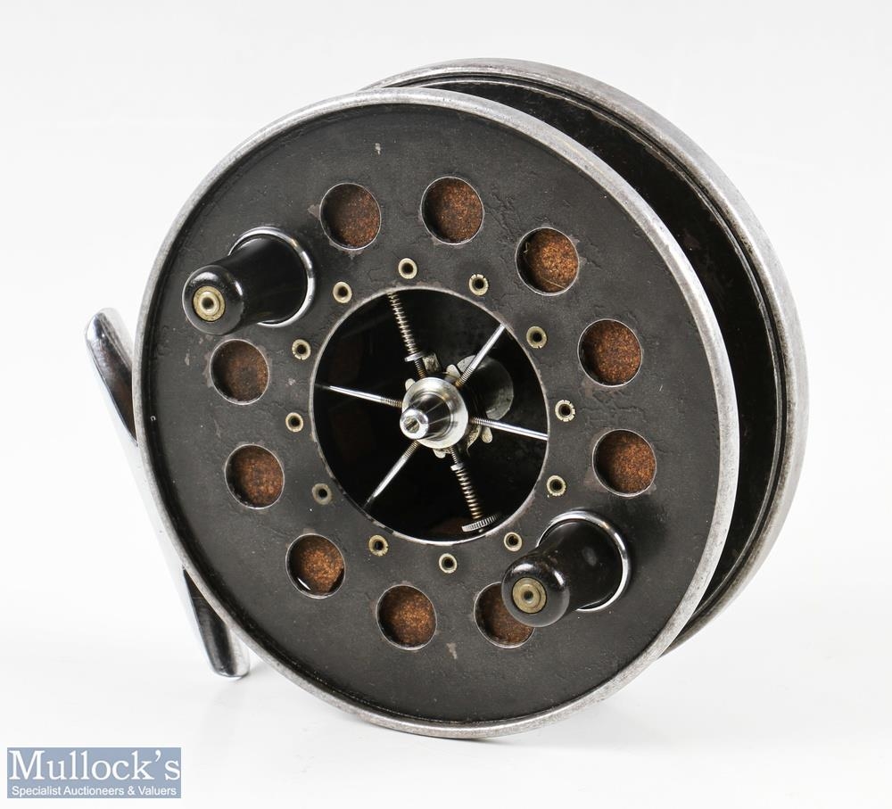 Allcocks Aerial 4 ½” black finish alloy fly reel with twin black handles, central adjuster, rear