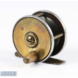 Brass and ebonite 2” fly reel, horn handle, brass face with ebonite rear, brass foot, unnamed,