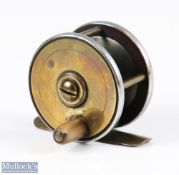Brass and ebonite 2” fly reel, horn handle, brass face with ebonite rear, brass foot, unnamed,