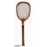 c1885 GG Bussey "The Champion" Flat Top Square Tennis Racket, with a pronounced butt cap and a