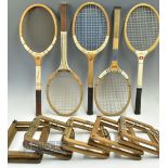 Five Wooden Tennis Rackets - all with Racket presses, makers of Wisden Owe fifteen, Slazenger