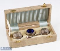 Silver Plated EPNS golf ball cruet set inc salt and pepper with glass lined mustard with spoon,