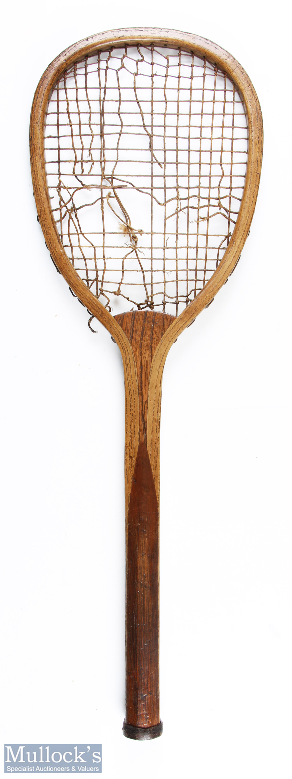 c1880 Semi Flat Top Wooden Tennis Racket, maker is unknown with convex wedge broken gut strings,