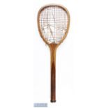 c1880 Semi Flat Top Wooden Tennis Racket, maker is unknown with convex wedge broken gut strings,