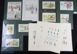Hand Coloured Golf Prints, Adverts Cartoon, a mixed collection of various artists, 9 are mounted