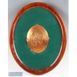 Copper Oval Relief Decoration of Victorian Golfers made by WH & S William Hutton & Sons crossed