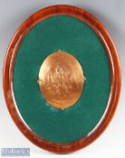 Copper Oval Relief Decoration of Victorian Golfers made by WH & S William Hutton & Sons crossed
