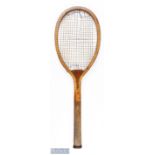 c1888 F H Ayre Tennis "Champion" Racket, with a thin leather strap to top edge, weight of 14oz gut