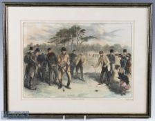 F Gilbert (after) - titled "Golf Match on Blackheath" c1870 original coloured wood cut engraving