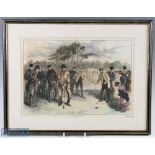 F Gilbert (after) - titled "Golf Match on Blackheath" c1870 original coloured wood cut engraving