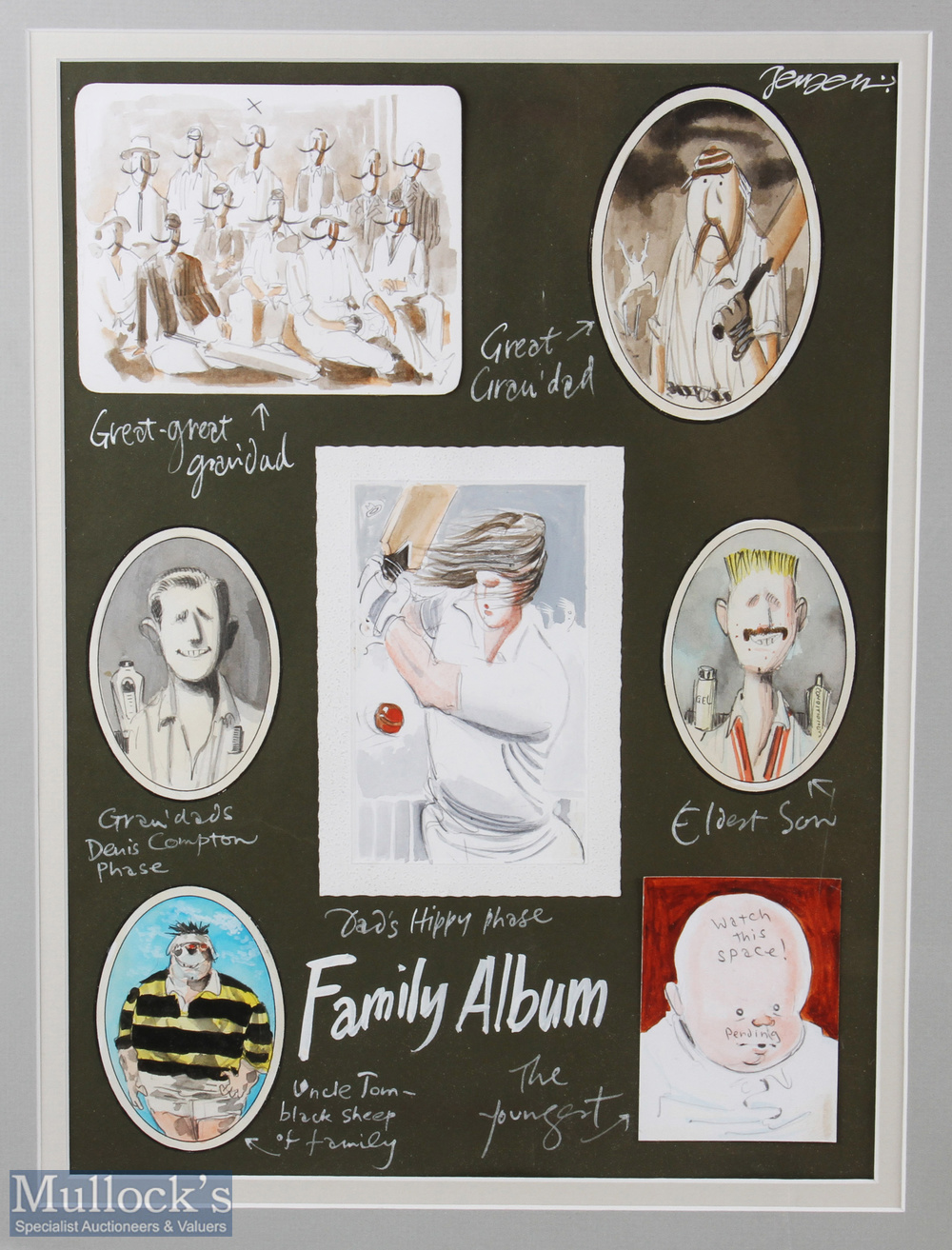 John Jensen Framed Cricket Cartoon Caricature, 2 x original pictures of a cricket family album, - Bild 2 aus 3