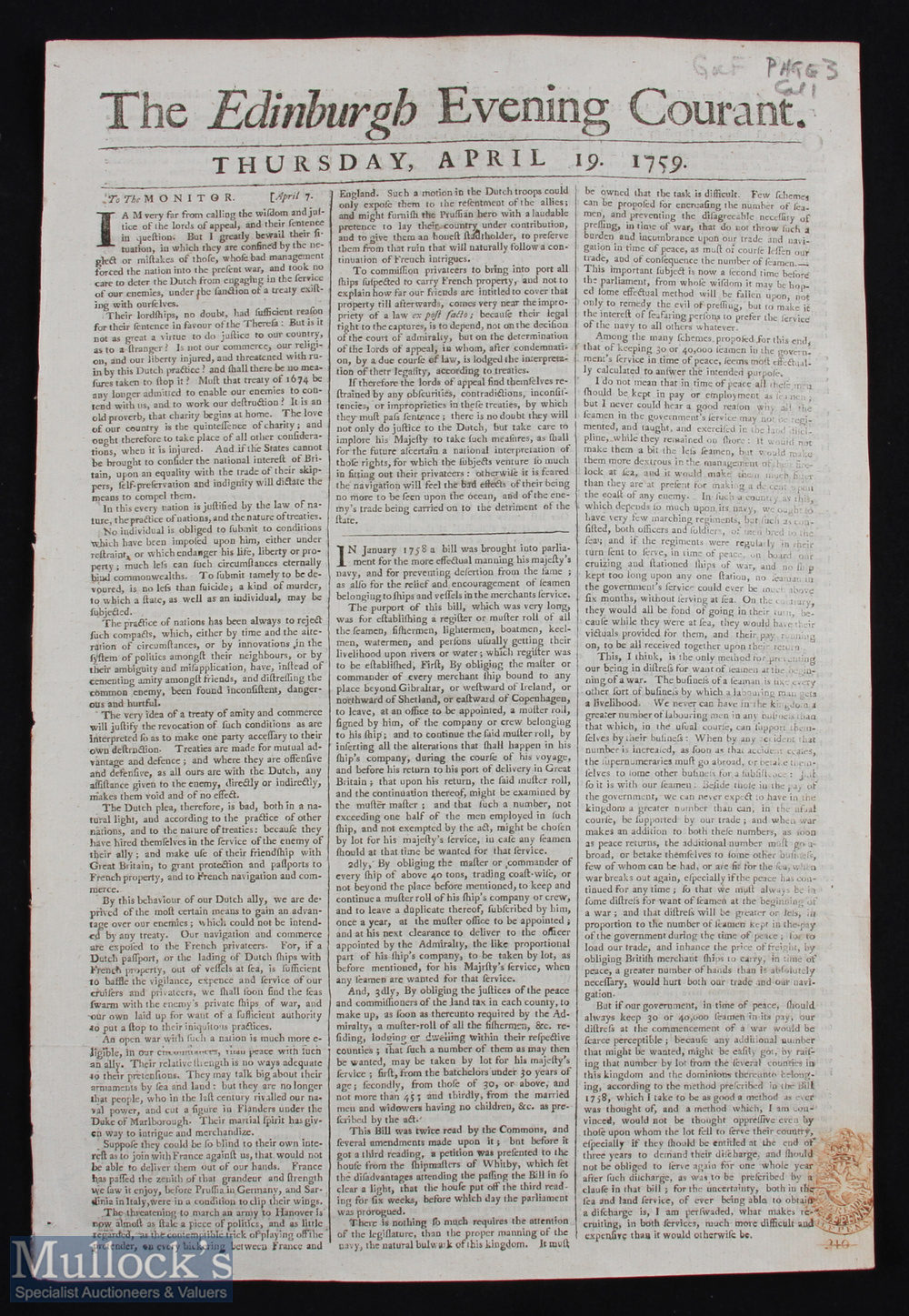 1759 - St Andrews Golfing Announcement in The Edinburgh Evening Courant newspaper Thursday 19