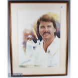 1988 Alan Lamb Cricket Art by Vern VR, print signed by Alan Lamb, framed and mounted under glass -