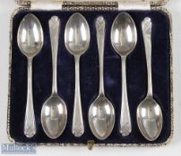 Cased set of 6 hallmarked silver Walker & Hall golfing teaspoons, each hallmarked Sheffield 1932/