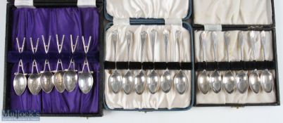 2 cased sets of hallmarked silver golf spoons by Walker and Hall, with another part-set of 5