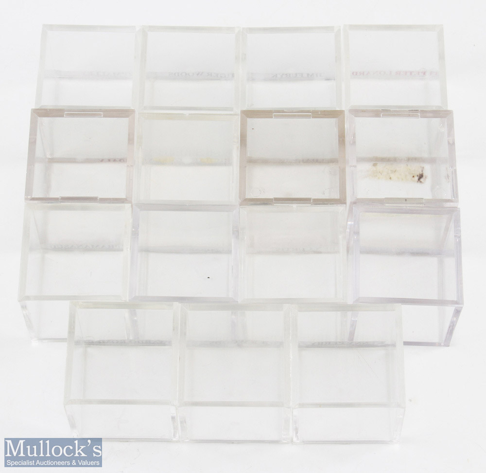 15x Acrylic golf ball display boxes, 5cm Cube - in good used condition, with old labels on them
