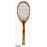 c1900 RWH & Co Rocket Wooden Fishtail Tennis Racket, with convex wedge restrung gut by R Whitty of